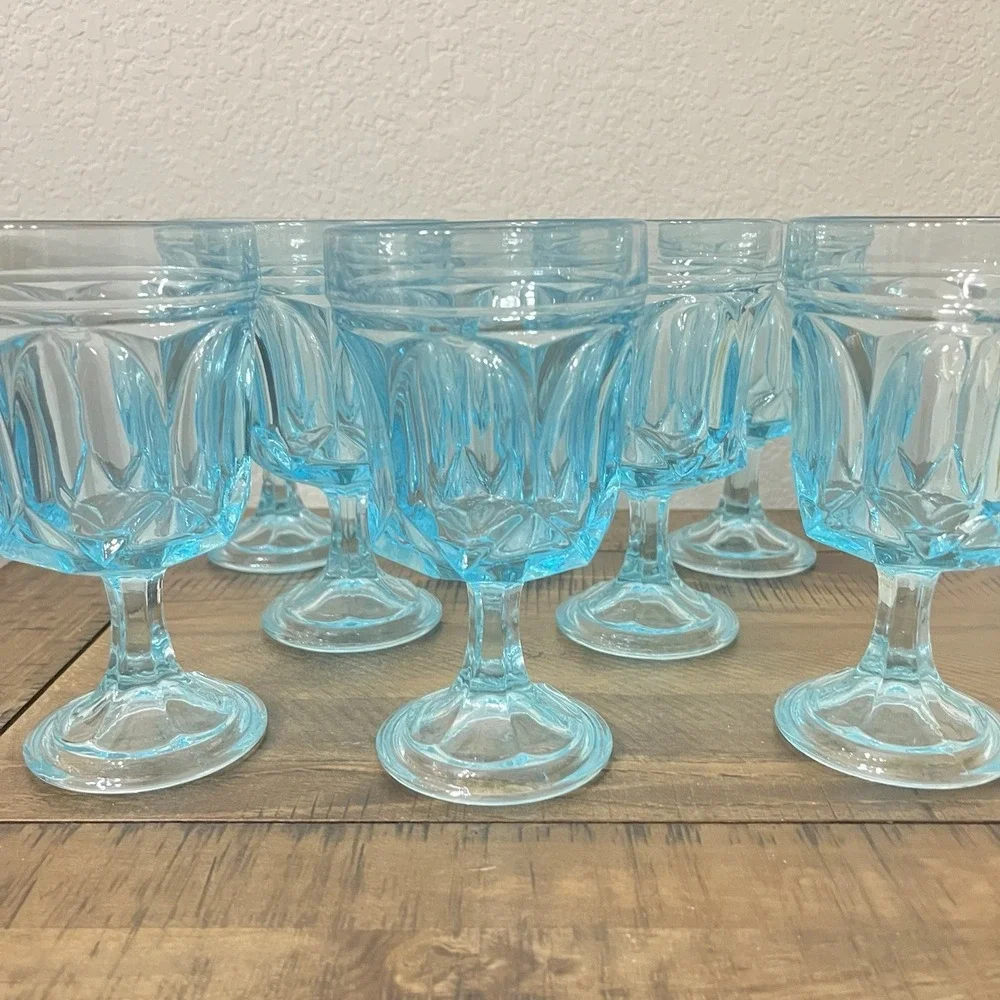 5 1/4 Inch Aqua Blue Pedestal Tumblers Fairfield By Anchor Hocking Set Of Eight‎